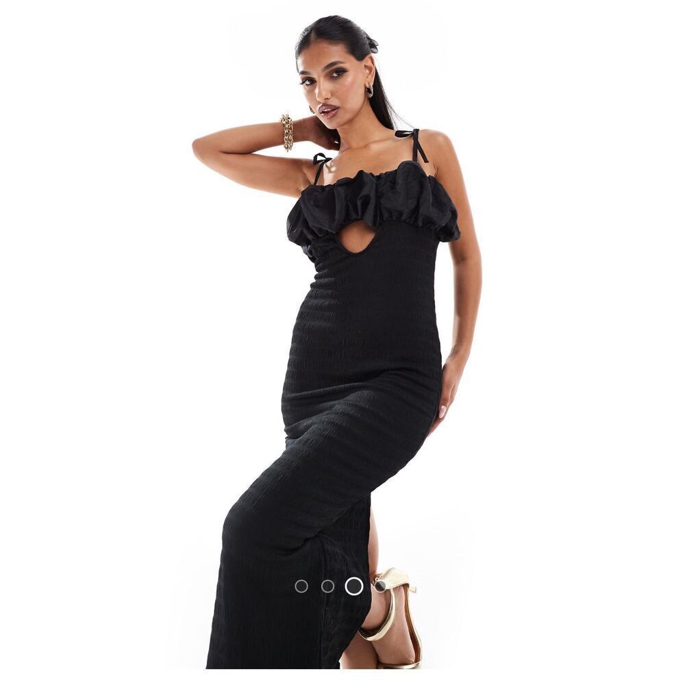 ASOS DESIGN Black Scrunched Bust with Cut Out Textured MIDI Dress - Small - Picture 3 of 11